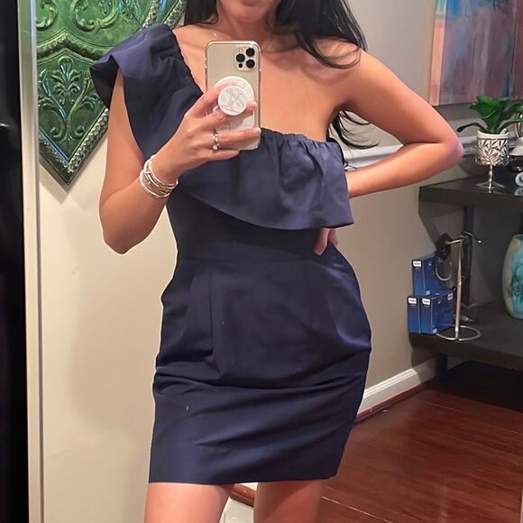 Rebecca Taylor Womens One-Shoulder Ruffle Sheath Dress NWOT Navy Blue Size 6 - Picture 6 of 8